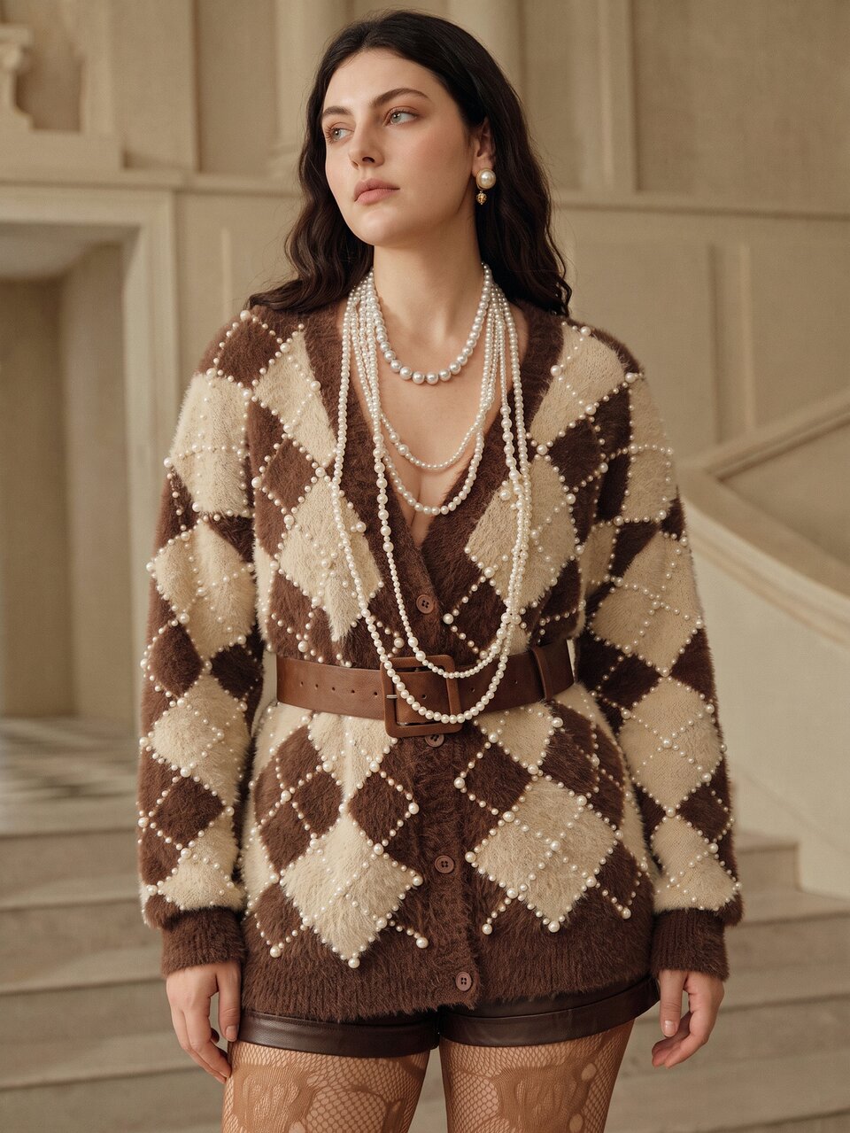 Chaqueta de punto tipo cárdigan con cuello en V, bloques de color café y albaricoque, perlas y piel sintética de visón, talla grande para mujer, otoño/invierno