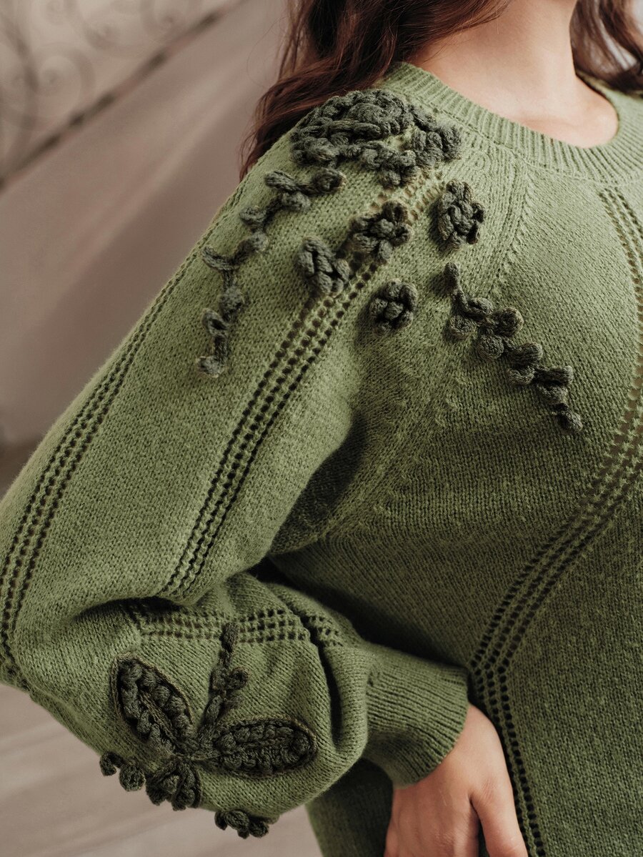 Anewsta Women's Plus Size Fall/Winter Sage Green 3D Embroidered Vintage Pullover Sweater, Elegant Casual Vacation Formal Christmas Party Going Out Outfits