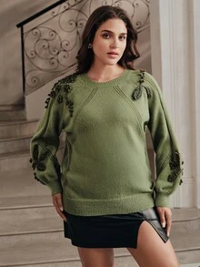 Anewsta Women's Plus Size Fall/Winter Sage Green 3D Embroidered Vintage Pullover Sweater, Elegant Casual Vacation Formal Christmas Party Going Out Outfits - Army Green - View 7
