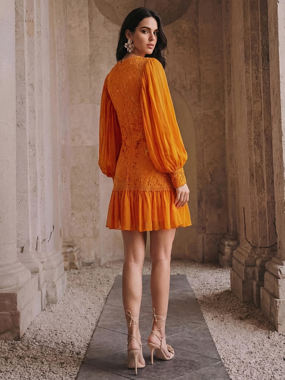 Anewsta Elegant Orange Crochet Long Dress For Women V Neck Chiffon Sleeves