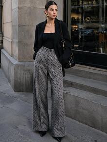 Anewsta Polka Dot High Waist Wide Leg Pants - Grey - View 7