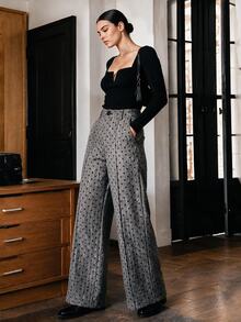 Anewsta Polka Dot High Waist Wide Leg Pants - Grey - View 4