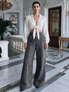 Anewsta Polka Dot High Waist Wide Leg Pants - Grey - View 5