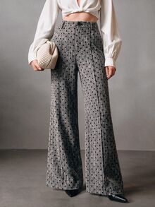 Anewsta Polka Dot High Waist Wide Leg Pants - Grey - View 3
