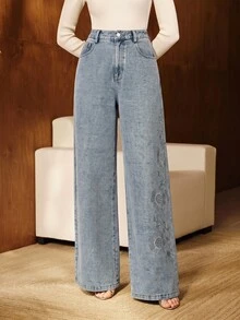 Anewsta Fashionable Modern All-Season Embroidered Versatile Commute Casual Women's Washed Blue Jeans - Medium Wash - View 7
