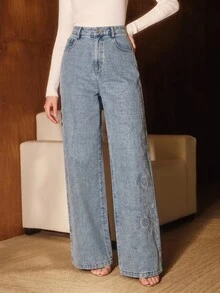 Anewsta Fashionable Modern All-Season Embroidered Versatile Commute Casual Women's Washed Blue Jeans - Medium Wash - View 5