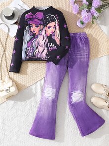 SHEIN ChillGRL 青少年女孩 2件組秋季套裝 酷炫圖案卡通印花長袖上衣搭配紫色仿牛仔印花寬腿喇叭褲休閒服飾 - 紫色 - 查看 3