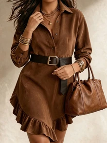 Nubod Gaun Kemeja Kasual Wanita Ukuran Plus Musim Gugur Bahan Suede dengan Kerah Ikat Pinggang dan Hem Berkerut Model A-Line Gaya Maillard untuk Perjalanan Sehari-hari - Coklat - View 6