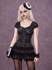 ROMWE Goth Women's School Girl Style Plaid Shirt With Lace Hem, Puff Sleeves And Gathered Waist - Black - View 3
