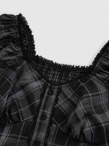 ROMWE Goth Women's School Girl Style Plaid Shirt With Lace Hem, Puff Sleeves And Gathered Waist - Black - View 4