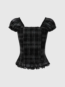 ROMWE Goth Women's School Girl Style Plaid Shirt With Lace Hem, Puff Sleeves And Gathered Waist - Black - View 2