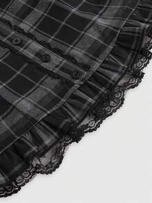 ROMWE Goth Women's School Girl Style Plaid Shirt With Lace Hem, Puff Sleeves And Gathered Waist - Black - View 5