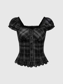 ROMWE Goth Women's School Girl Style Plaid Shirt With Lace Hem, Puff Sleeves And Gathered Waist - Black - View 1