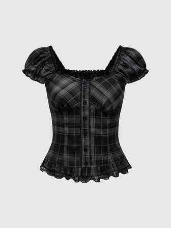 Goth Women's School Girl Style Plaid Shirt With Lace Hem, Puff Sleeves And Gathered Waist