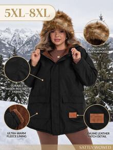 SHEIN CURVE+ Plus Size Front Zip Up Minimalist Hooded Jacket, Casual Daily Wear, For Winter Fall Cloth For Women - Black - View 5