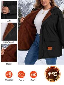 SHEIN CURVE+ Plus Size Front Zip Up Minimalist Hooded Jacket, Casual Daily Wear, For Winter Fall Cloth For Women - Black - View 6