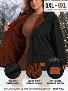 SHEIN CURVE+ Plus Size Front Zip Up Minimalist Hooded Jacket, Casual Daily Wear, For Winter Fall Cloth For Women - Black - View 1