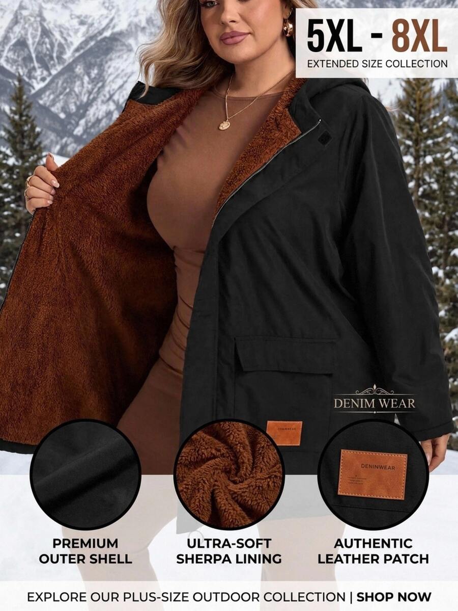 SHEIN CURVE+ Plus Size Front Zip Up Minimalist Hooded Jacket, Casual Daily Wear, For Winter Fall Cloth For Women - Black - View 1