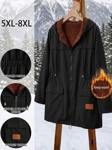 SHEIN CURVE+ Plus Size Front Zip Up Minimalist Hooded Jacket, Casual Daily Wear, For Winter Fall Cloth For Women - Black - View 10