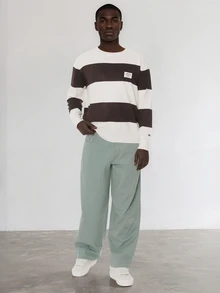 FORM&CHAOS Men's Autumn/Winter Green Vintage Diagonal Stripe Embroidered Long Pants - Green - View 6