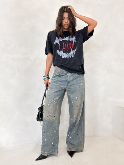 BAD SUNDAY Women's Autumn/Winter Oversized Crew Neck Drop Shoulder Print Distressed T-Shirt, Y2K Vintage Millennium Style