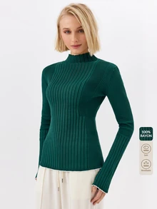 KÆRIA Hus Sculpted Mock Neck Long Sleeve Rib Knit Top - Contrast Tipped Viscose Rib - Emerald - Green Top - Green - View 9