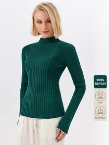 KÆRIA Hus Sculpted Mock Neck Long Sleeve Rib Knit Top - Contrast Tipped Viscose Rib - Emerald - Green Top - Green - View 1