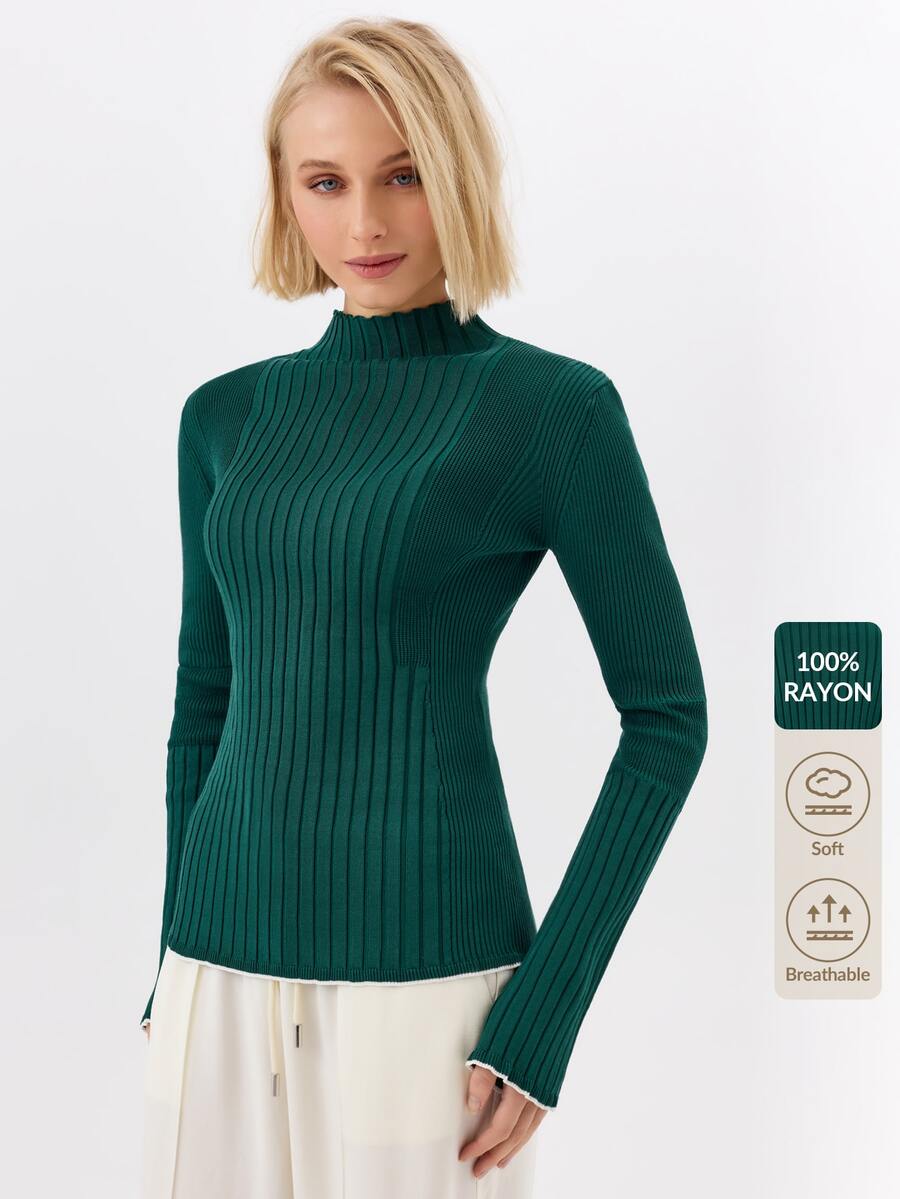 KÆRIA Hus Sculpted Mock Neck Long Sleeve Rib Knit Top - Contrast Tipped Viscose Rib - Emerald - Green Top - Green - View 1