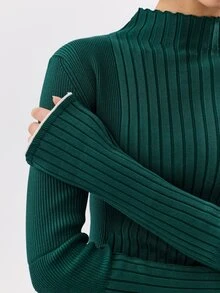 KÆRIA Hus Sculpted Mock Neck Long Sleeve Rib Knit Top - Contrast Tipped Viscose Rib - Emerald - Green Top - Green - View 7