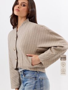 KÆRIA Hus Cocoon Sleeve Cropped Jacket - Structured Pinstripe Drape - Beige - Matching Set, Business, Layering, Autumn, Cool Office Smart Casual Business Casual - Beige - View 8