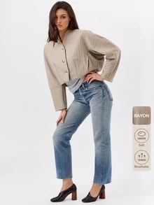 KÆRIA Hus Cocoon Sleeve Cropped Jacket - Structured Pinstripe Drape - Beige - Matching Set, Business, Layering, Autumn, Cool Office Smart Casual Business Casual - Beige - View 1