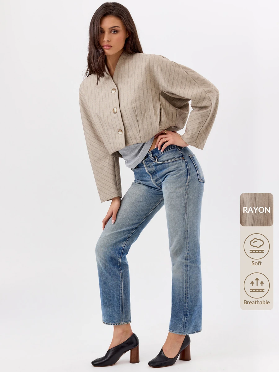 KÆRIA Hus Cocoon Sleeve Cropped Jacket - Structured Pinstripe Drape - Beige - Matching Set, Business, Layering, Autumn, Cool Office Smart Casual Business Casual - Beige - View 1