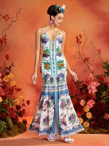 Glamance Frida Kahlo X SHEIN 藍色人像花卉印花鏤空肩帶抓皺超長洋裝，優雅成熟休閒性感，適合外出、工作、辦公室、日常、派對、生日、度假、中東旅行、海灘、泳裝、夜晚外出、波希米亞夏季 - 藍色 - 查看 4