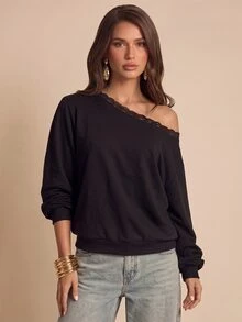 Bluhae Sweatshirt Wanita Bahu Terbuka dengan Trim Renda Hitam untuk Musim Semi dan Gugur, Manset Berusuk, Lengan Panjang Balon, Bahu Longgar, Atasan Gaya Pure Desire Lembut Kasual untuk Kencan dan Belanja, Lapisan Dasar - Hitam - View 3