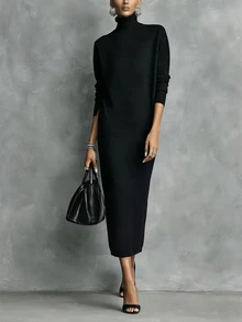 LUMIGAL Women's Autumn Black Turtleneck Knit Midi Dress Long-Sleeve Sweater Ribbed Slit Hem For Daily Office Dinner And Street Outfits Minimalist Elegant - Black - View 7