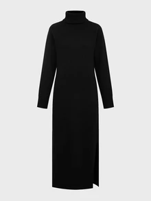 LUMIGAL Women's Autumn Black Turtleneck Knit Midi Dress Long-Sleeve Sweater Ribbed Slit Hem For Daily Office Dinner And Street Outfits Minimalist Elegant - Black - View 6