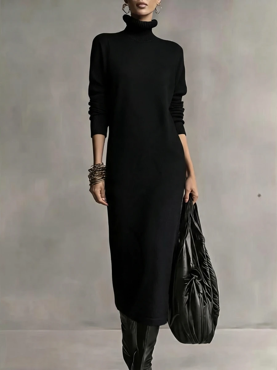 LUMIGAL Women's Autumn Black Turtleneck Knit Midi Dress Long-Sleeve Sweater Ribbed Slit Hem For Daily Office Dinner And Street Outfits Minimalist Elegant - Black - View 1