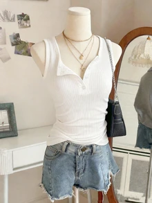 Lalippa Women's Solid Color Button Half-Placket Casual Basic Ribbed Tank Top Everyday Daytime White Summer - White - View 4