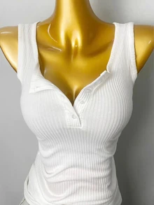 Lalippa Women's Solid Color Button Half-Placket Casual Basic Ribbed Tank Top Everyday Daytime White Summer - White - View 6