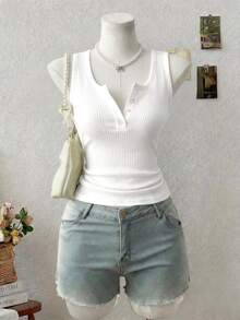Lalippa Women's Solid Color Button Half-Placket Casual Basic Ribbed Tank Top Everyday Daytime White Summer - White - View 7
