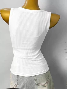 Lalippa Women's Solid Color Button Half-Placket Casual Basic Ribbed Tank Top Everyday Daytime White Summer - White - View 2