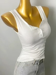 Lalippa Women's Solid Color Button Half-Placket Casual Basic Ribbed Tank Top Everyday Daytime White Summer - White - View 5