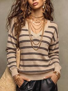 Trelyra Women's New Minimalist Colorblock Striped V-Neck Pullover Top, Loose Fit, Dropped Shoulder, Long Sleeve, Casual Style - Multicolor - View 4