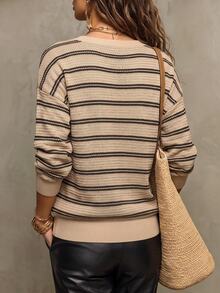 Trelyra Women's New Minimalist Colorblock Striped V-Neck Pullover Top, Loose Fit, Dropped Shoulder, Long Sleeve, Casual Style - Multicolor - View 2