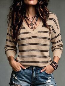 Trelyra Women's New Minimalist Colorblock Striped V-Neck Pullover Top, Loose Fit, Dropped Shoulder, Long Sleeve, Casual Style - Multicolor - View 1