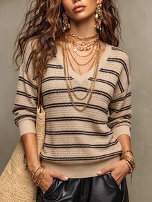 Trelyra Women's New Minimalist Colorblock Striped V-Neck Pullover Top, Loose Fit, Dropped Shoulder, Long Sleeve, Casual Style - Multicolor - View 3