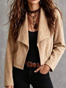 SHEIN Jaket Ringan Wanita untuk Perjalanan Sehari-hari, Warna Beige, Gaya Prancis - Khaki - View 4