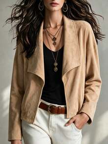 SHEIN Jaket Ringan Wanita untuk Perjalanan Sehari-hari, Warna Beige, Gaya Prancis - Khaki - View 7