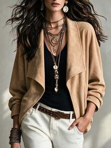 SHEIN Jaket Ringan Wanita untuk Perjalanan Sehari-hari, Warna Beige, Gaya Prancis - Khaki - View 1