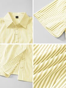 SHEIN ChicEase 法式修身黄白条纹短袖优雅女式办公室衬衫 - 黃色 - 查看 13